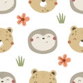 Seamless pattern with sloths, leopards, decor elements. colorful vector for kids. hand drawing, flat style.